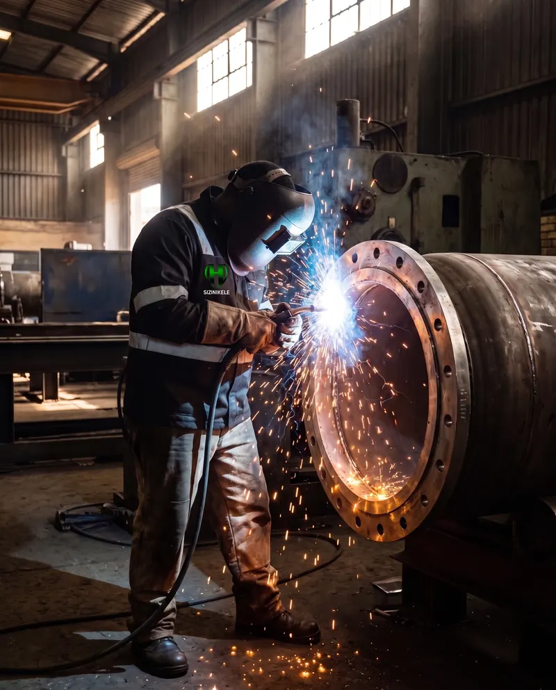 A boilermaker welding a pressure-vessel flange, sparks flying
