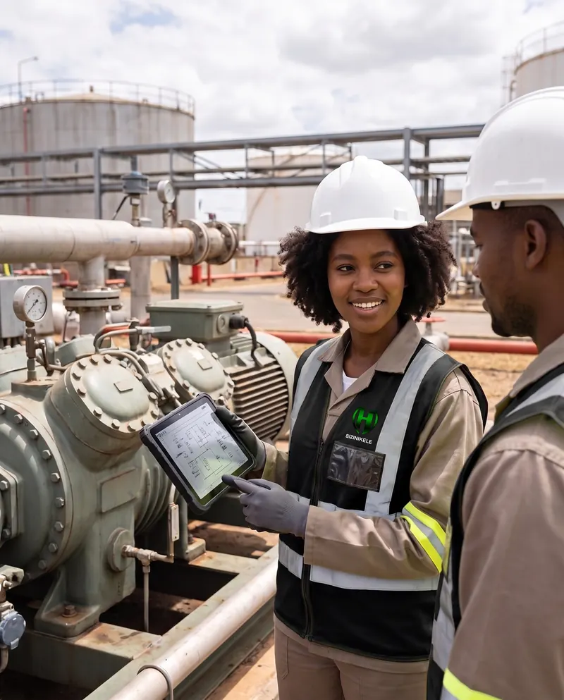 A mechanical engineer in a hard hat reviewing a maintenance plan beside a compressor