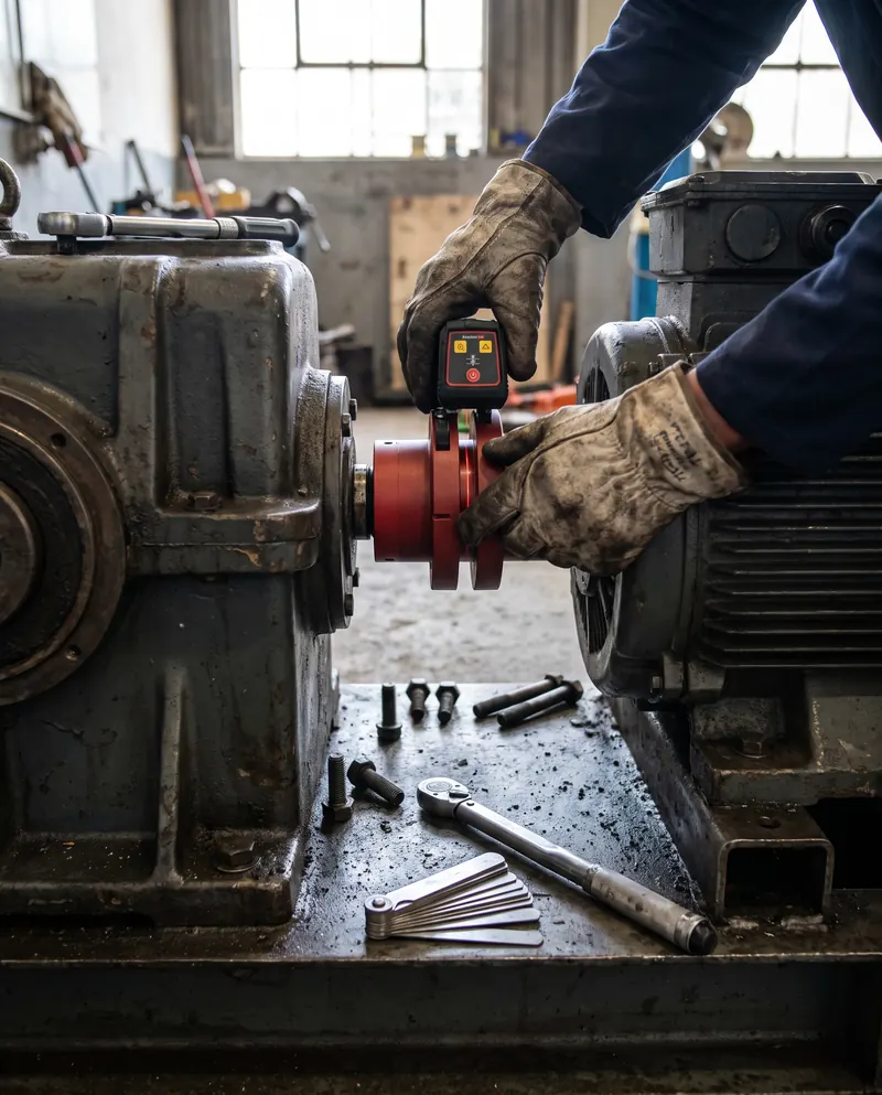 A millwright's gloved hands aligning a gearbox shaft with a laser alignment tool