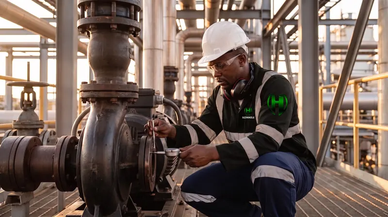 A Sizinikele millwright aligning a pump coupling inside a petrochemical plant