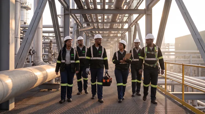 A crew of artisans and operators in hard hats walking a pipe-rack walkway at a petrochemical plant