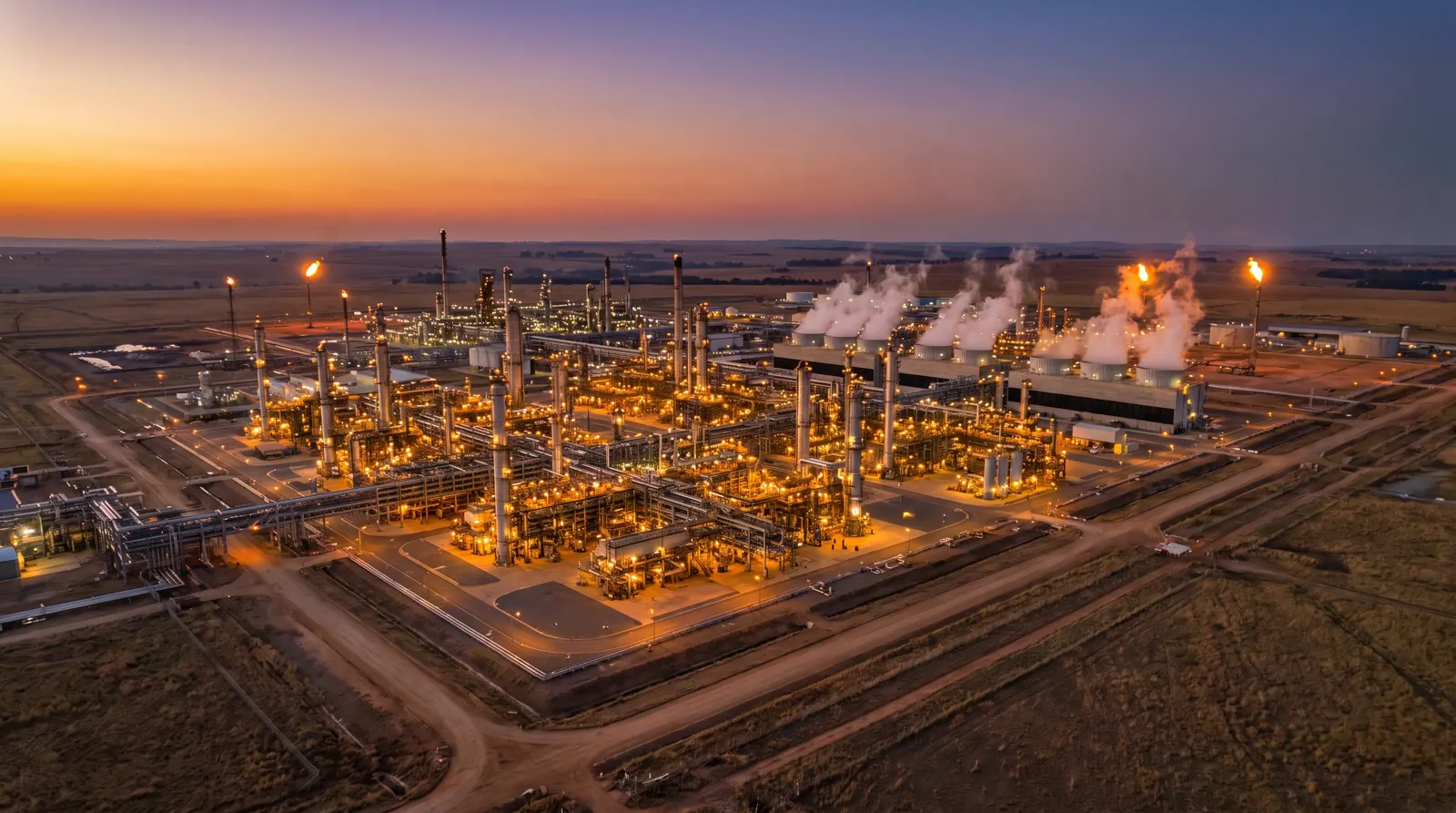 A petrochemical complex on the Mpumalanga highveld at dusk, lit up across the plain